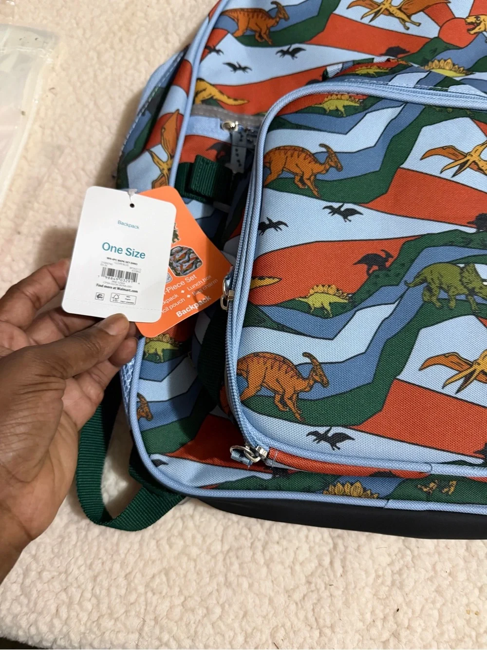 Light Blue Kids Backpack and Pencil Case with Colorful Dinosaur Print